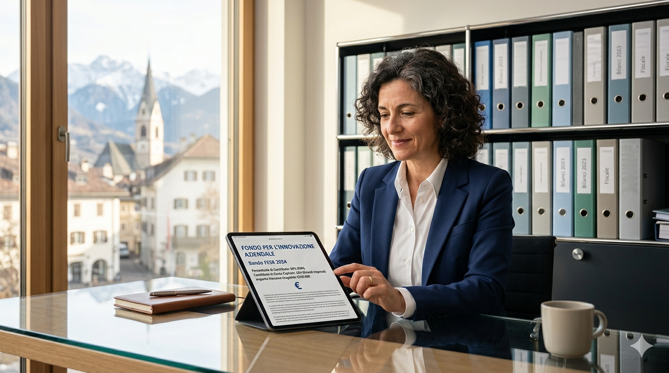 Professionista consulta documenti su contributi a fondo perduto per la digitalizzazione dello studio