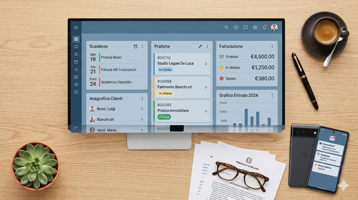 Schermata di software gestionale per studio professionale con calendario, pratiche e fatturazione