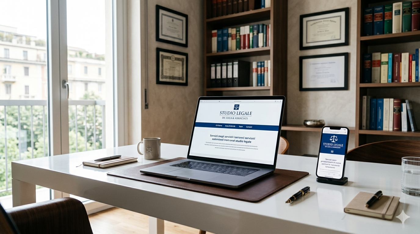Professional website for a law firm displayed on laptop and smartphone in a modern office