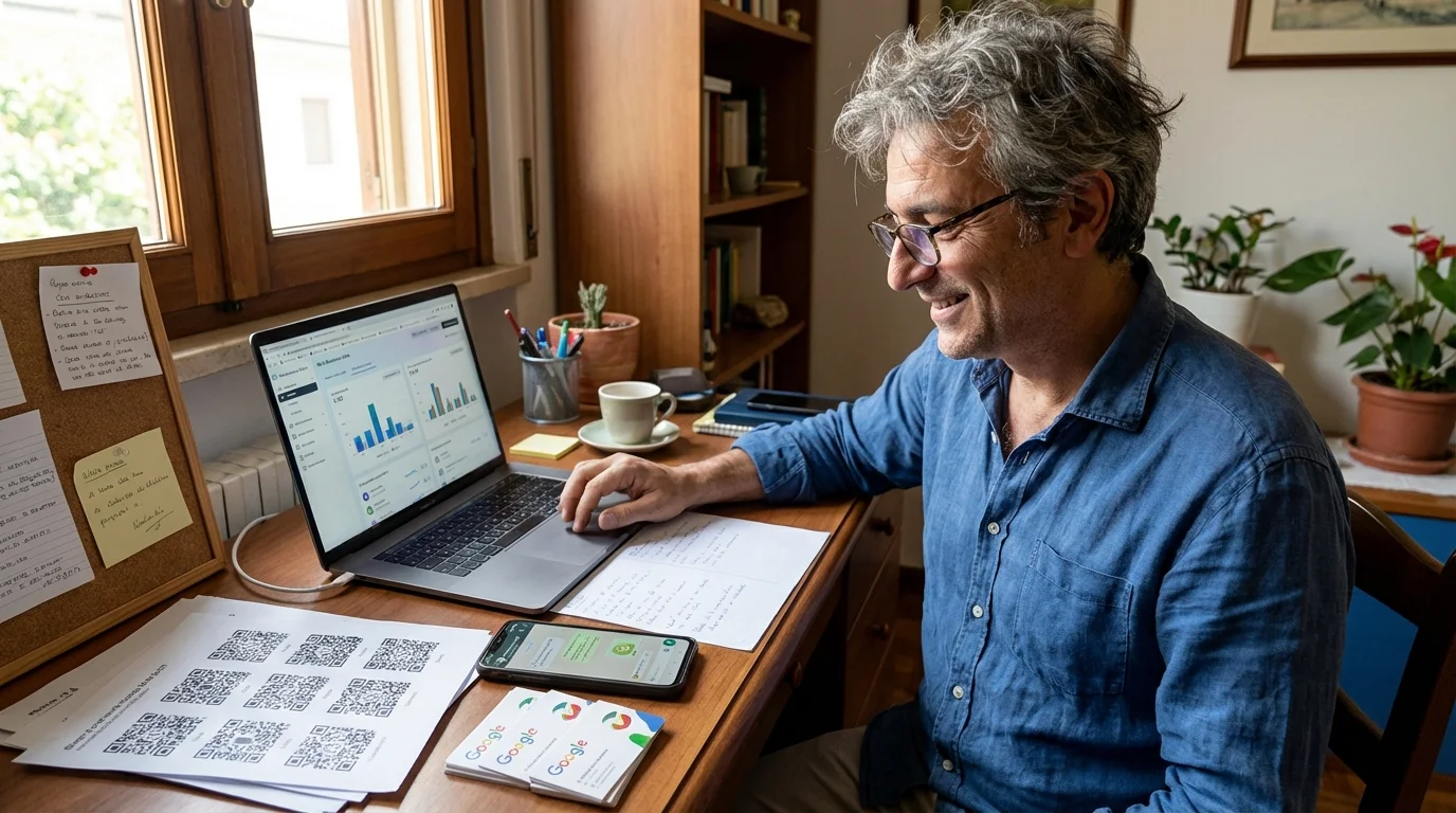 Italian business owner at desk with free digital marketing tools: laptop, QR codes and Google review cards