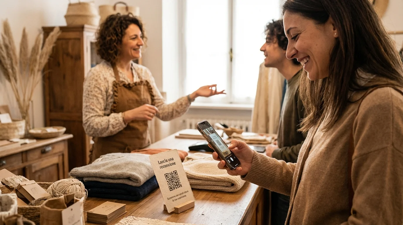 Customer scanning a QR code to leave a Google review in a shop