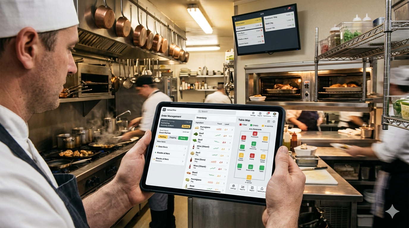 Schermata di un software gestionale ristorante con gestione ordini e magazzino su tablet in cucina professionale