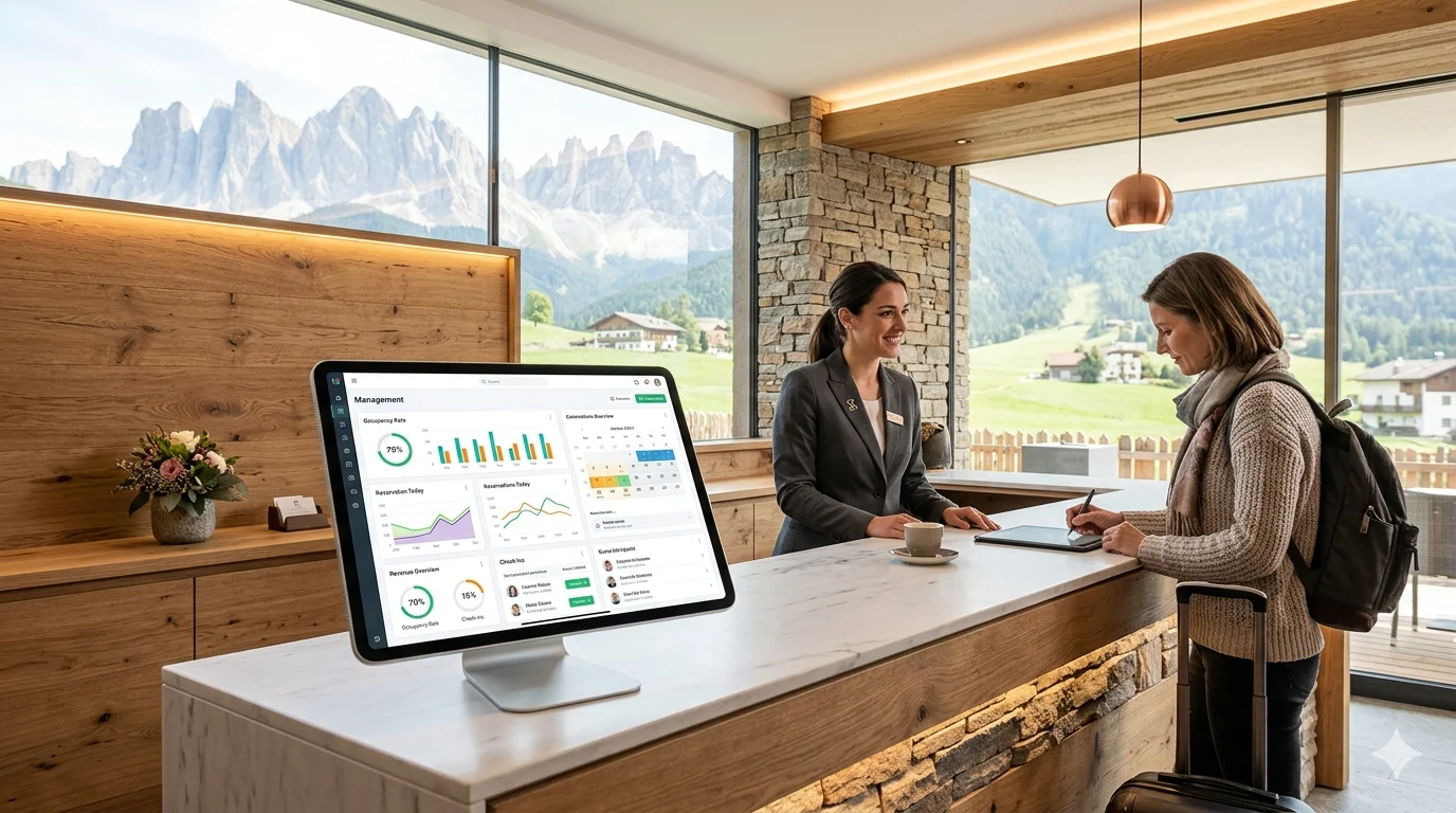 Management software on tablet and laptop at a hotel restaurant reception in South Tyrol