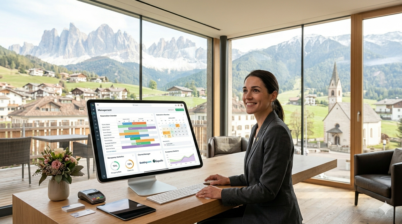 Reception di un hotel moderno con software gestionale PMS su schermo, montagne dell'Alto Adige visibili dalla finestra