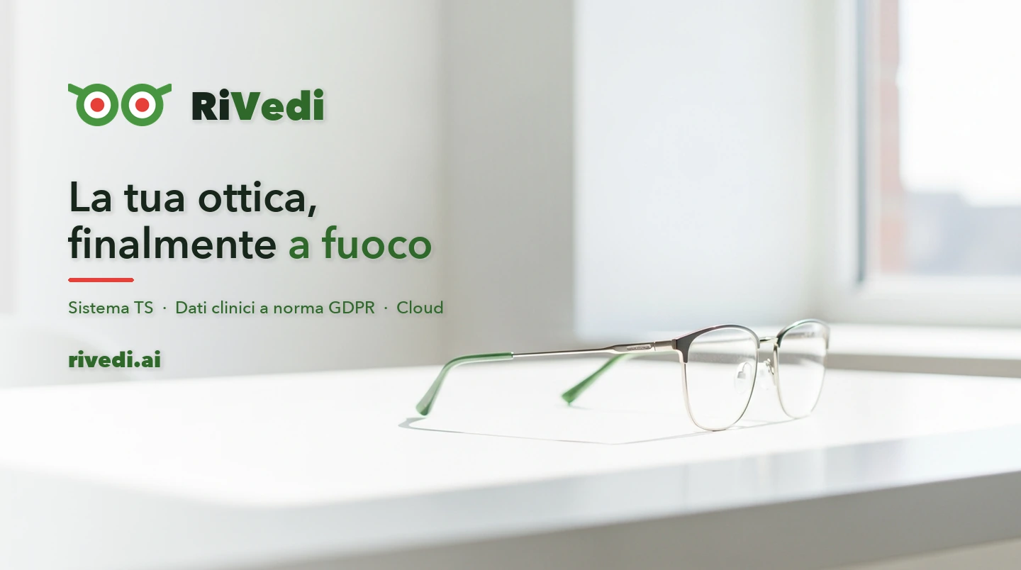 RiVedi, il gestionale per ottica: occhiali su un banco luminoso con logo e claim del software per ottici