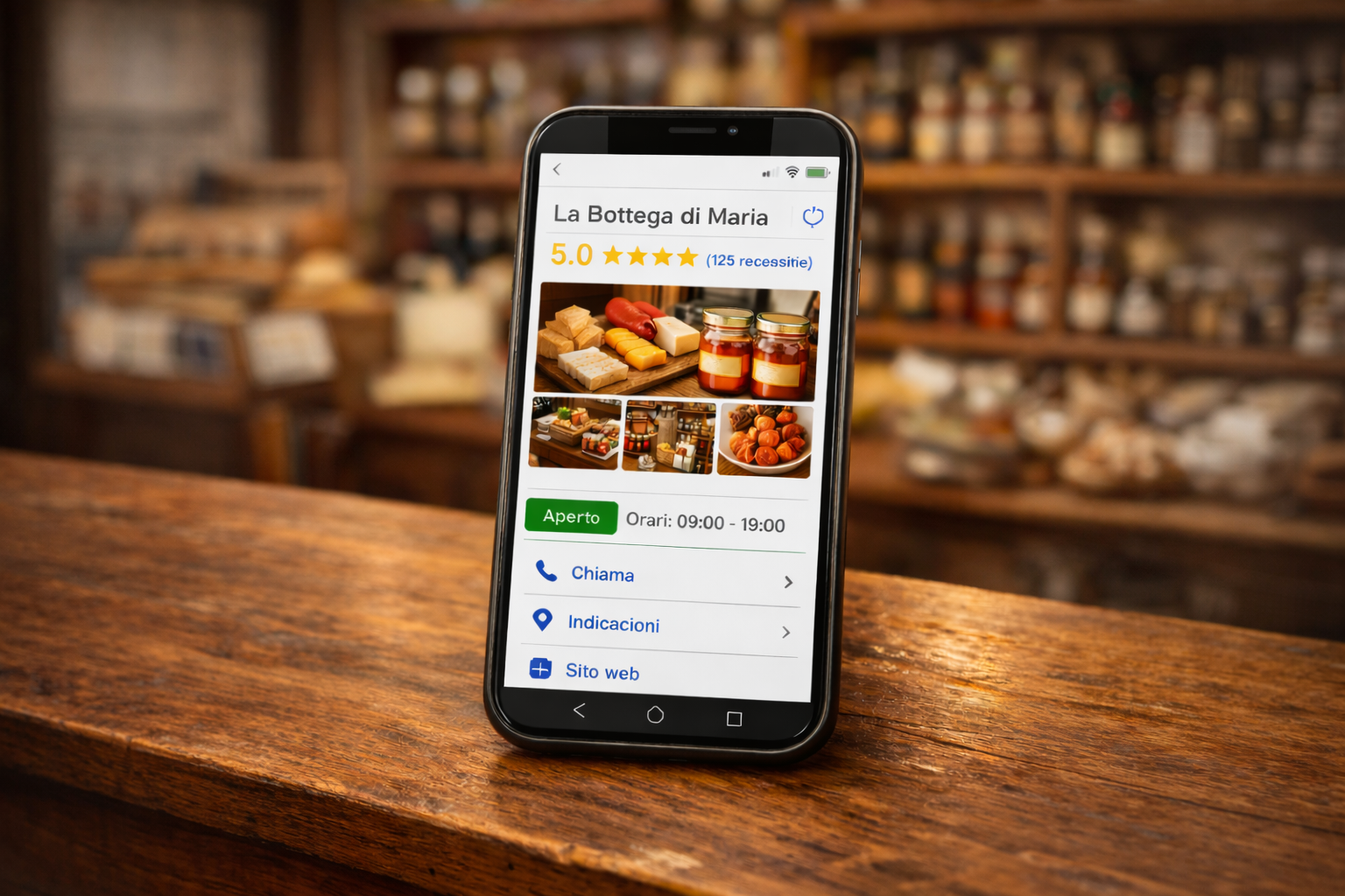 Smartphone showing a Google Business Profile with 5-star reviews, photos and opening hours