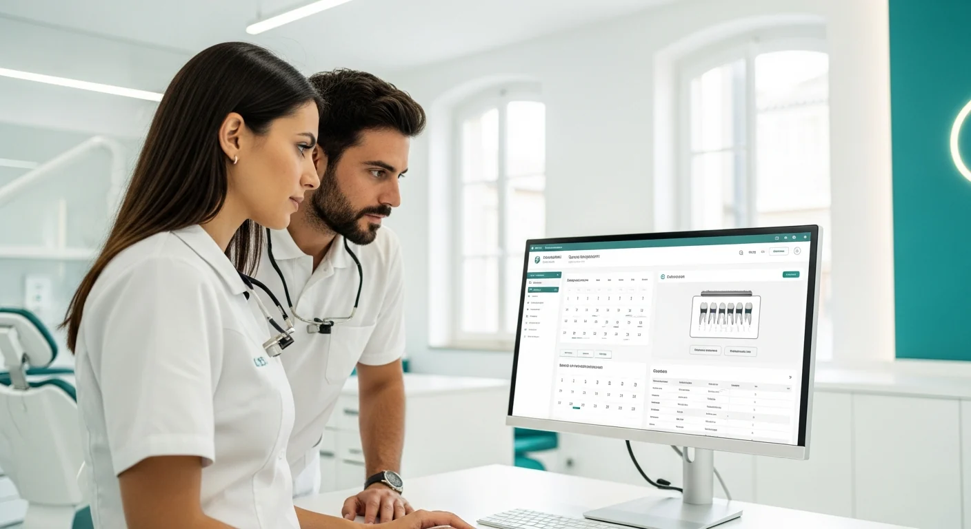 Dentist and practice manager looking at a dental practice management software dashboard