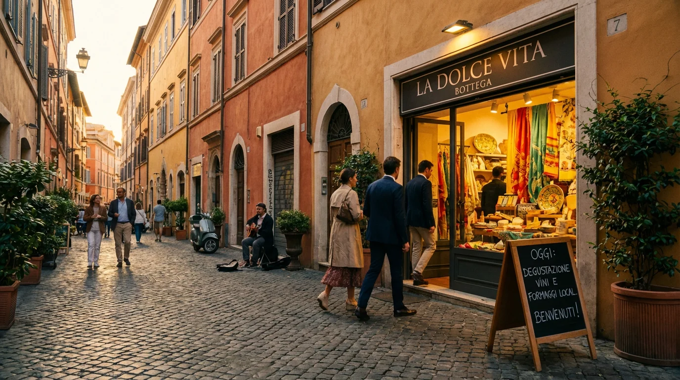 Italian street with boutiques and customers strolling, La Dolce Vita sign and chalkboard with offers