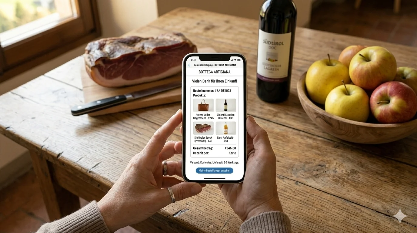 Smartphone showing an online order in German from a South Tyrolean e-commerce