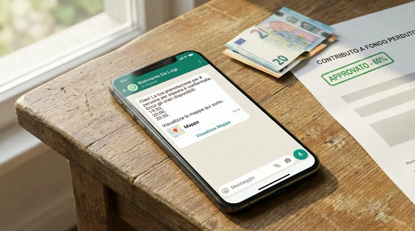 Smartphone showing AI chatbot for restaurant on WhatsApp and approved 60% non-repayable grant document