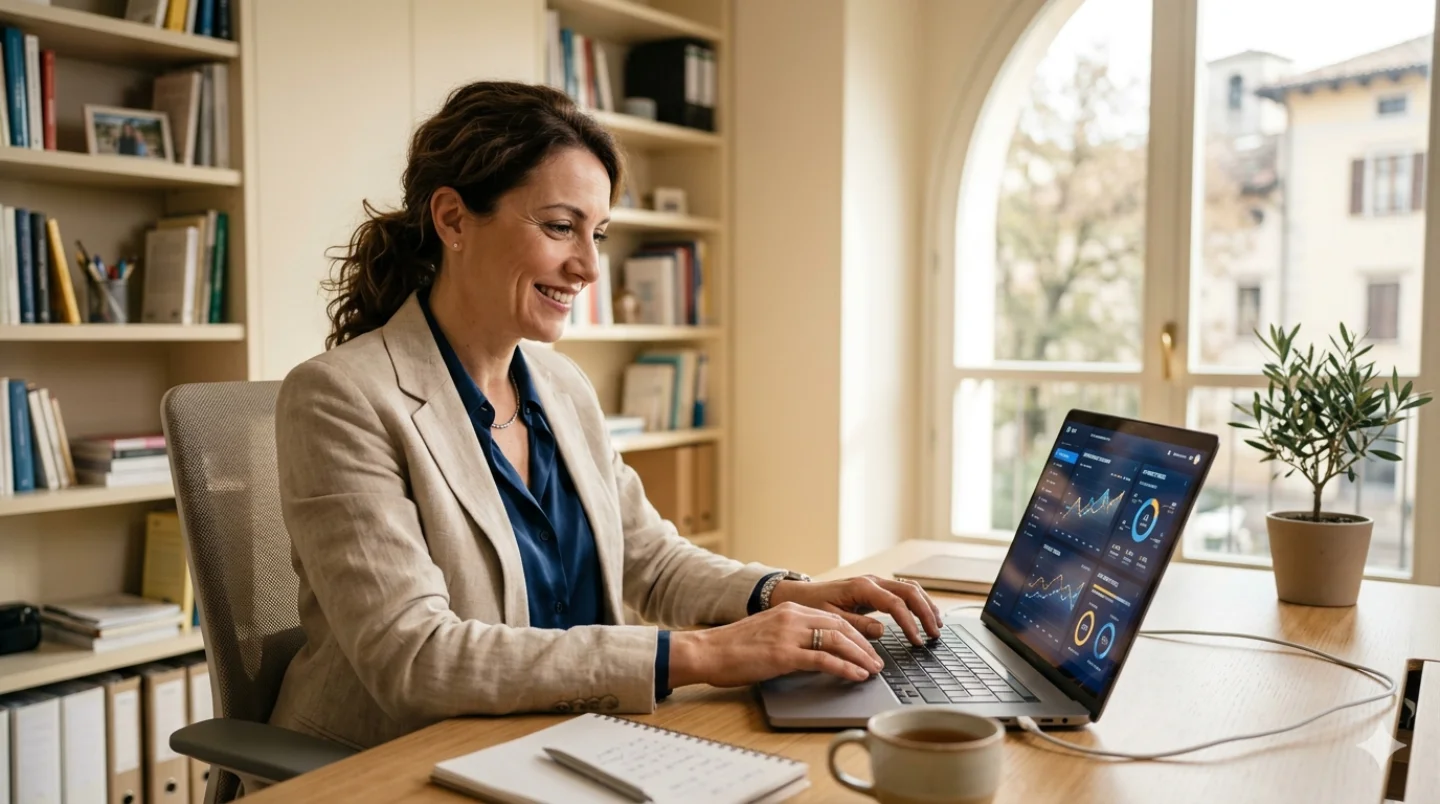 Imprenditore PMI interagisce con un agente AI su laptop in ufficio moderno