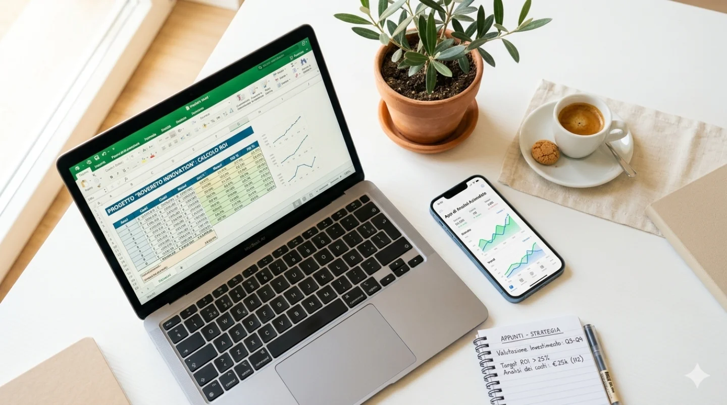 Laptop con analisi ROI e costi AI su scrivania moderna