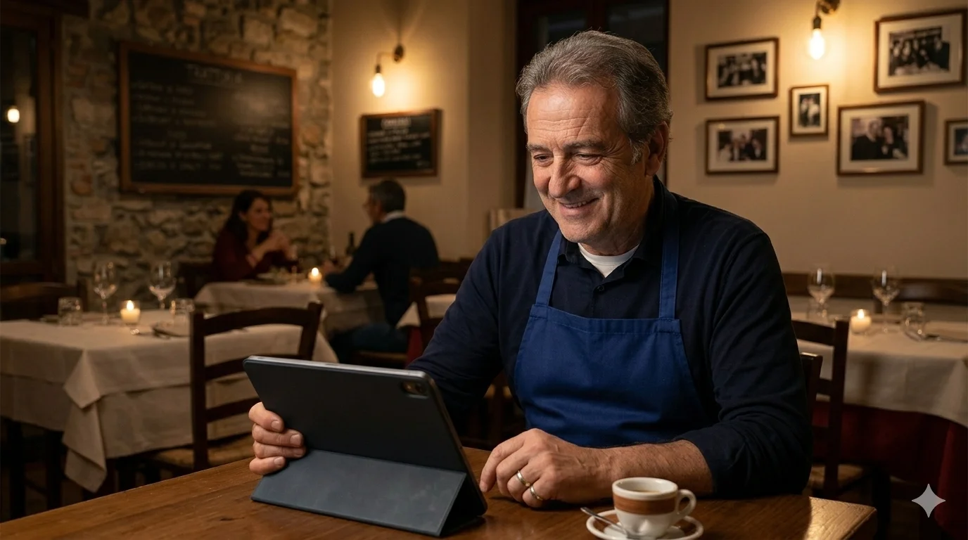 Restaurant owner managing AI chatbot responses on tablet in their restaurant