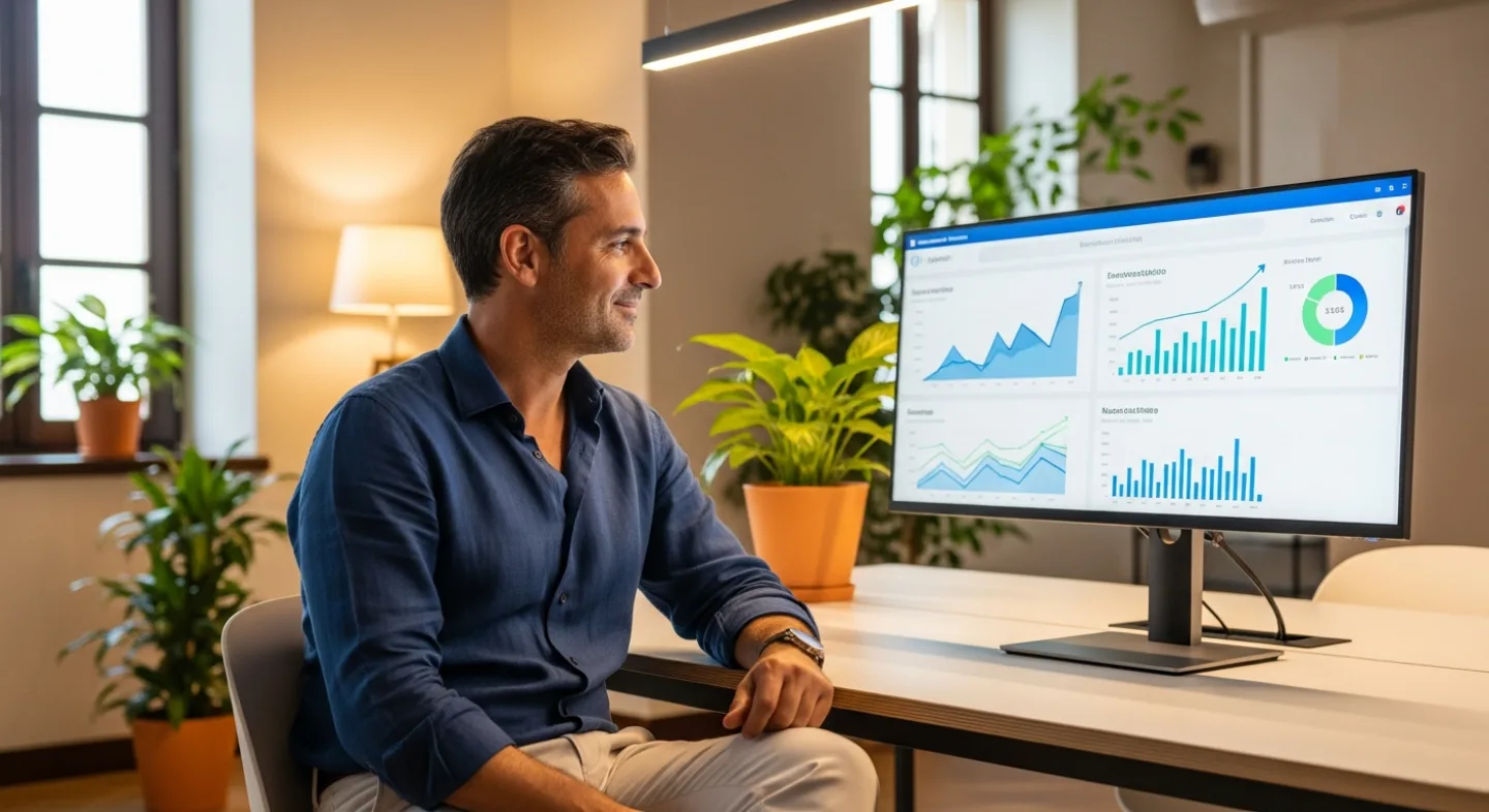 SME business owner analyzing management software dashboard with business growth charts