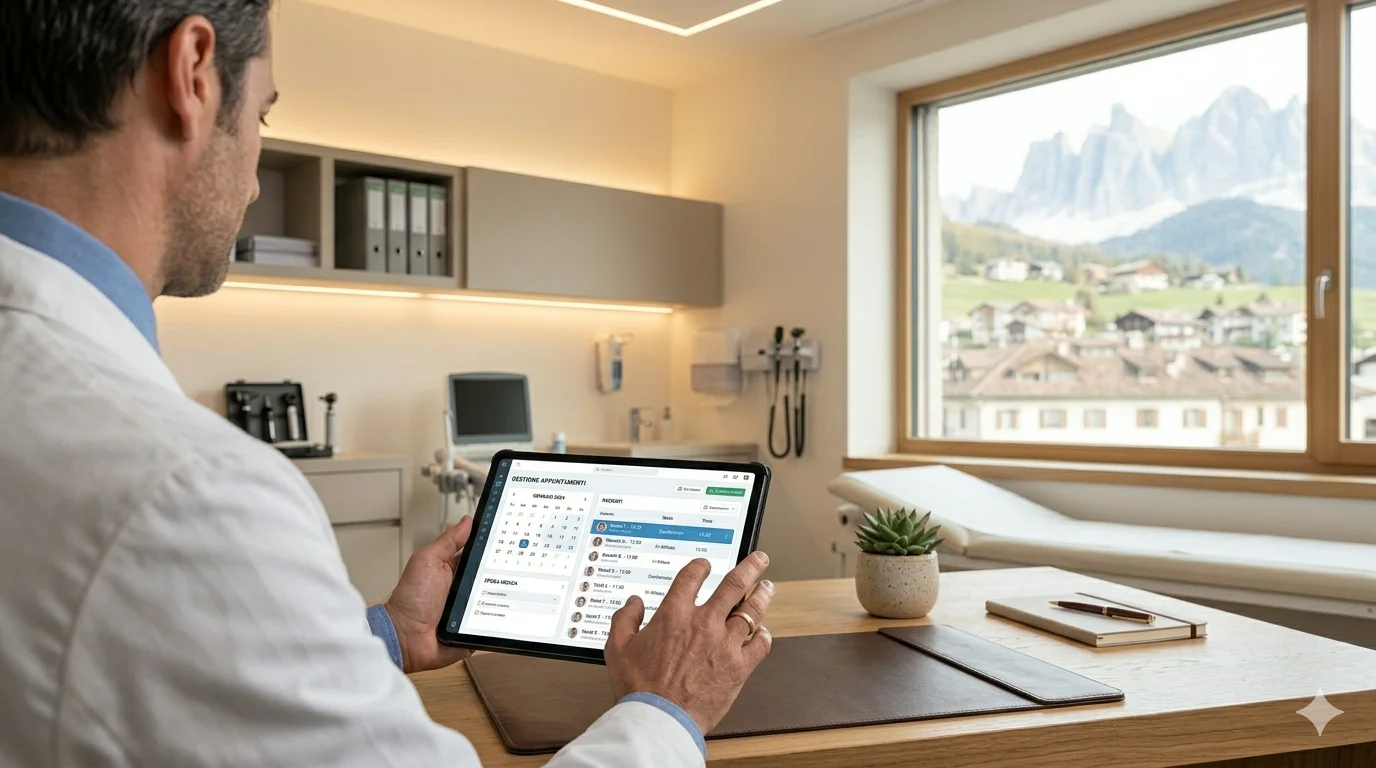 Medico utilizza un tablet per gestire le prenotazioni online dei pazienti nel suo studio