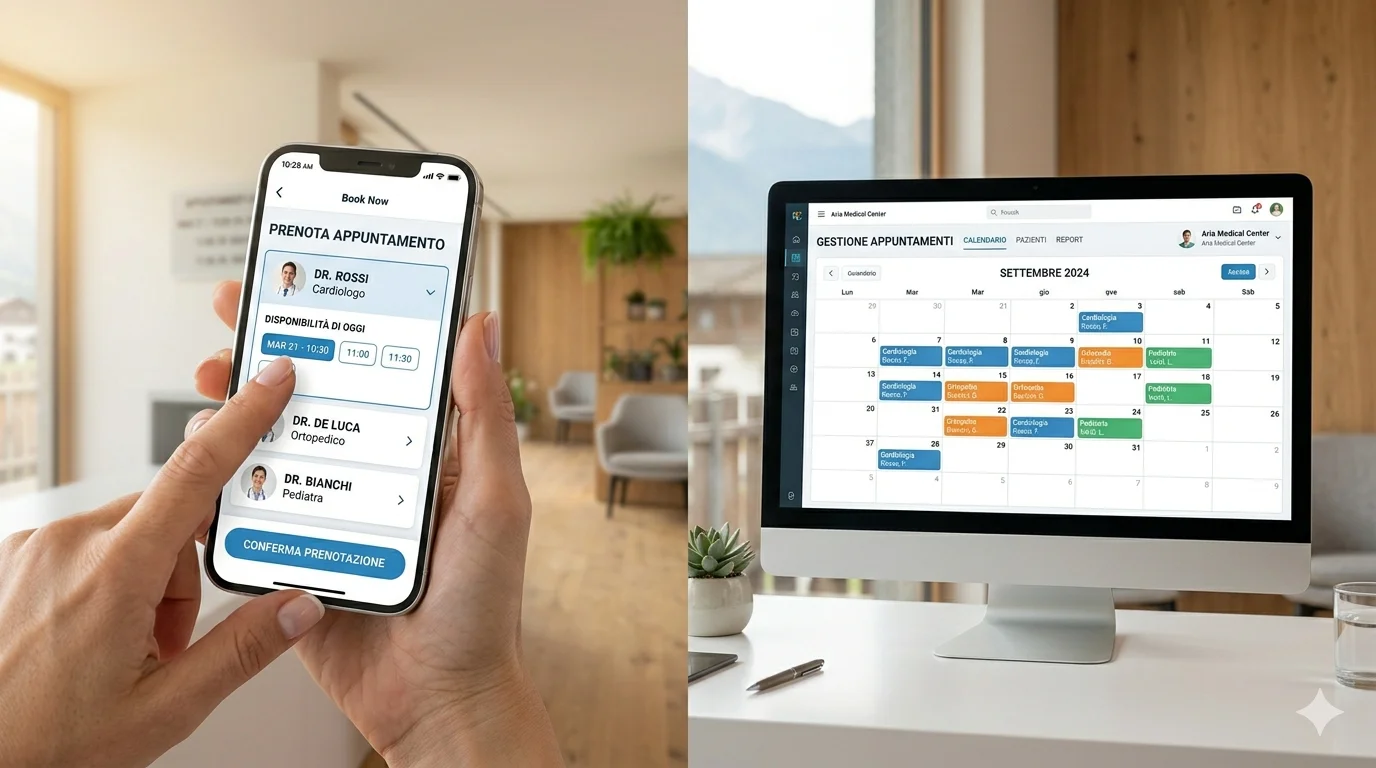 Schermata di un sistema di prenotazione visite mediche online su smartphone e desktop