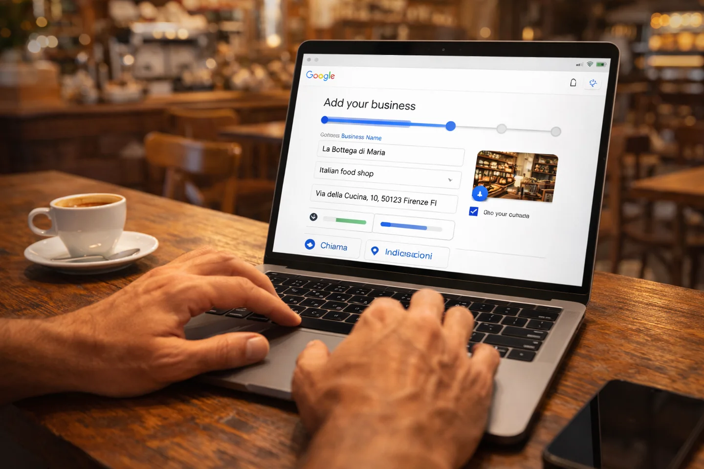 Hands typing on a laptop to create a Google Business Profile, in an Italian cafe