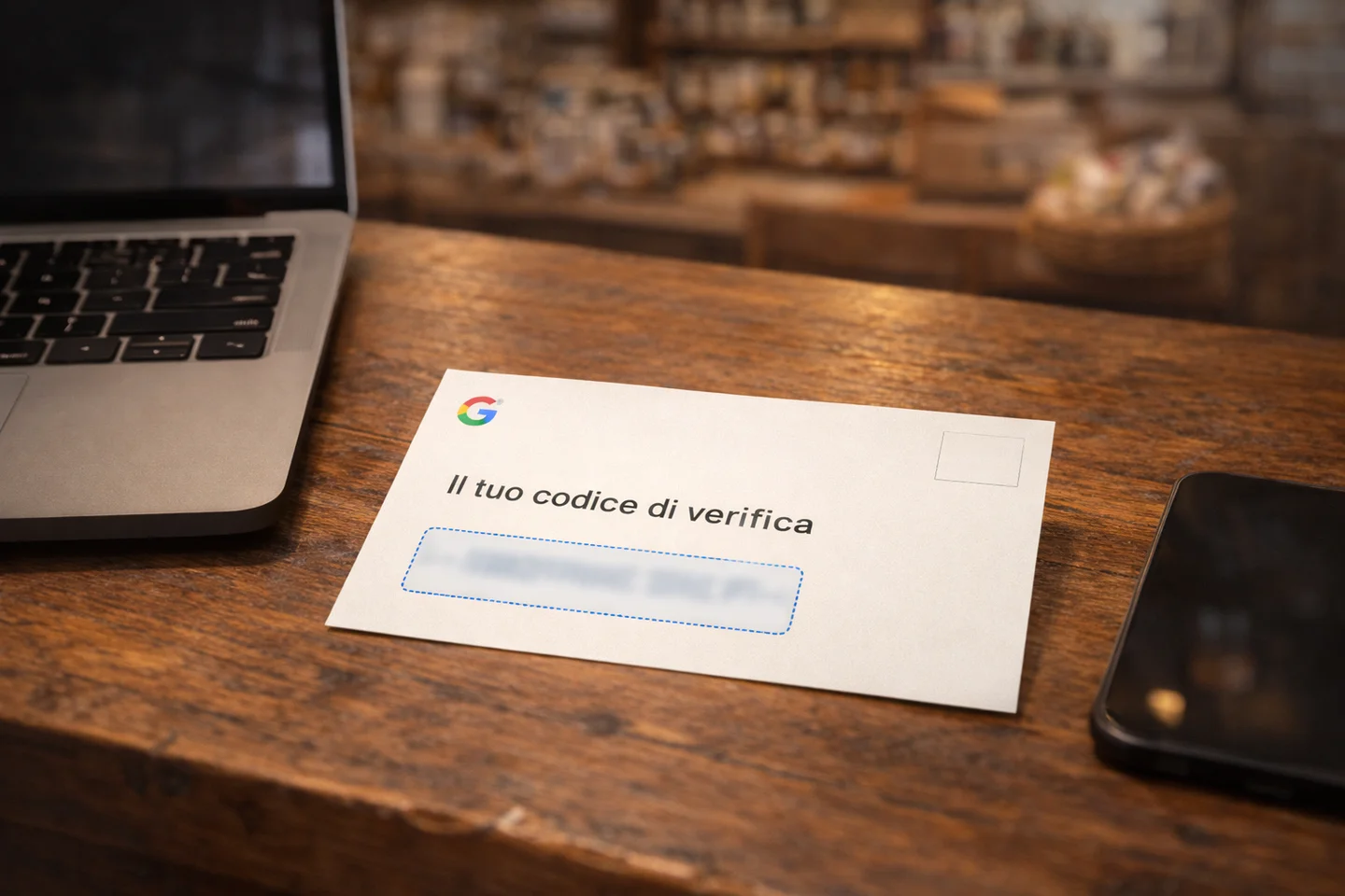 Google verification postcard with PIN code on a desk next to a laptop