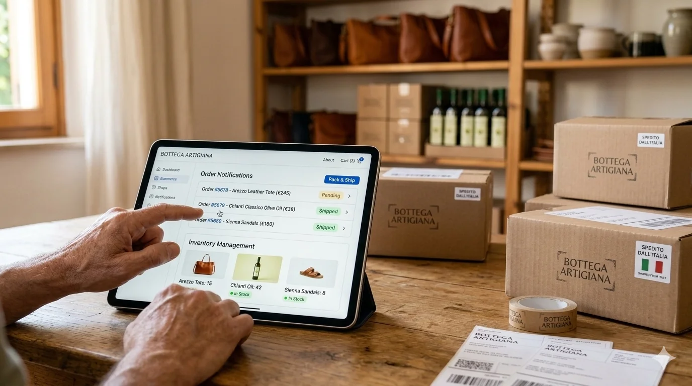 Small business owner managing e-commerce orders on tablet with shipping boxes ready