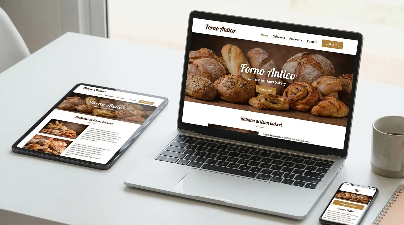 Responsive small business website displayed on laptop, tablet and smartphone