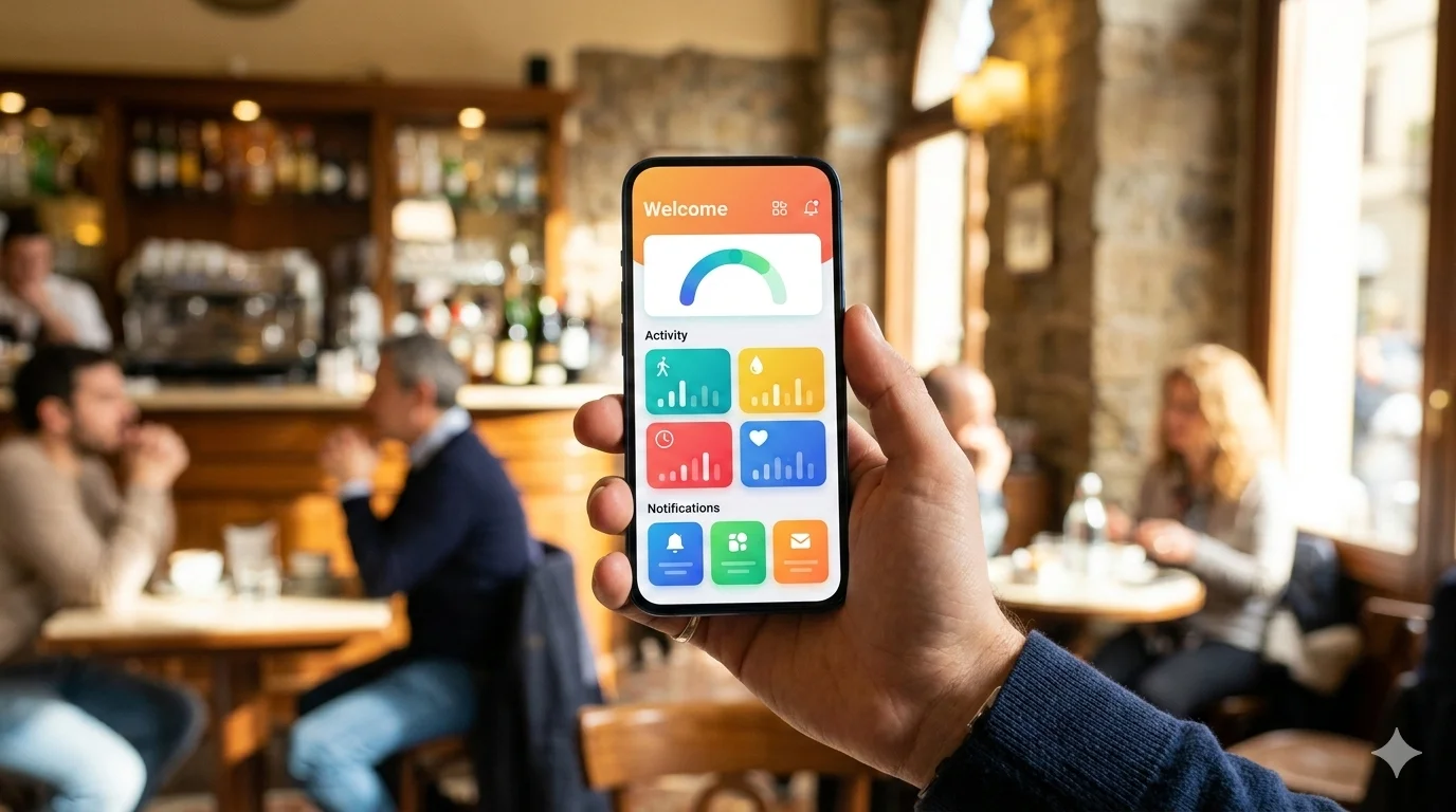 Mano che tiene uno smartphone con interfaccia app moderna in un caffè