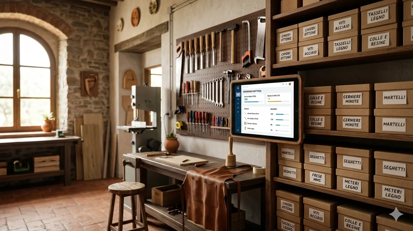 Laboratorio artigiano organizzato con scaffali ordinati e tablet gestionale