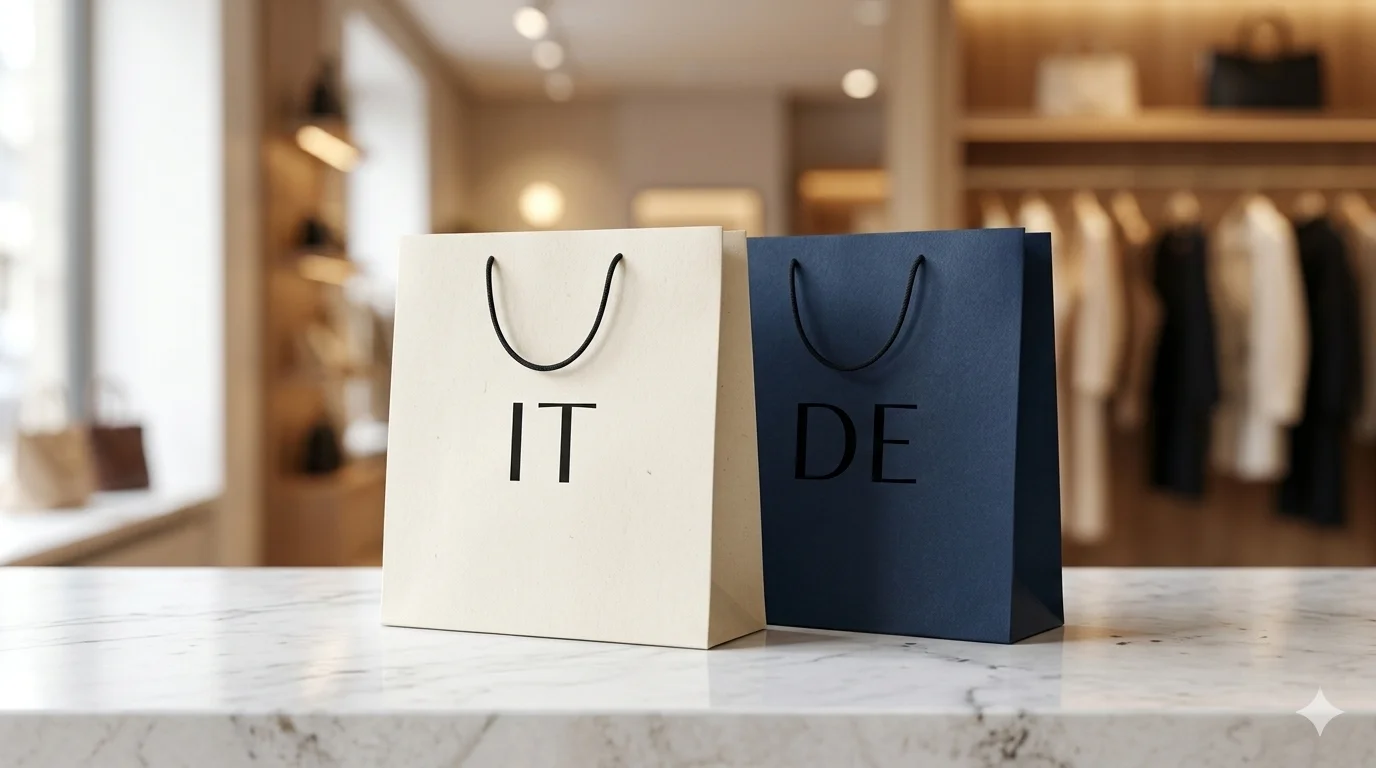 Shopping bags with IT and DE labels on boutique counter, bilingual e-commerce