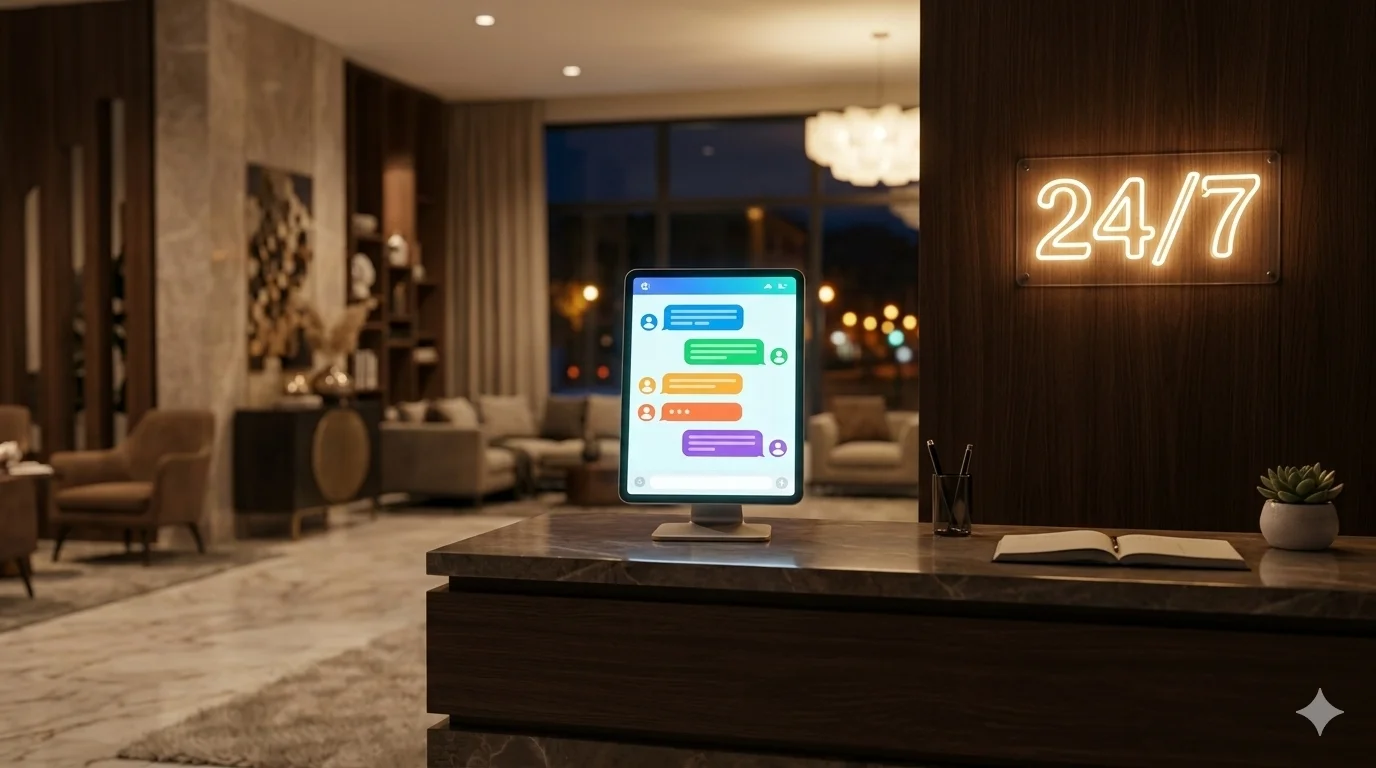 Smartphone showing WhatsApp conversation with an AI chatbot for hotel bookings