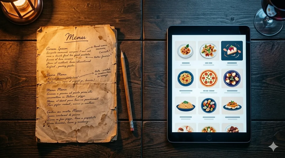 Comparison between traditional paper menu and interactive digital menu on tablet