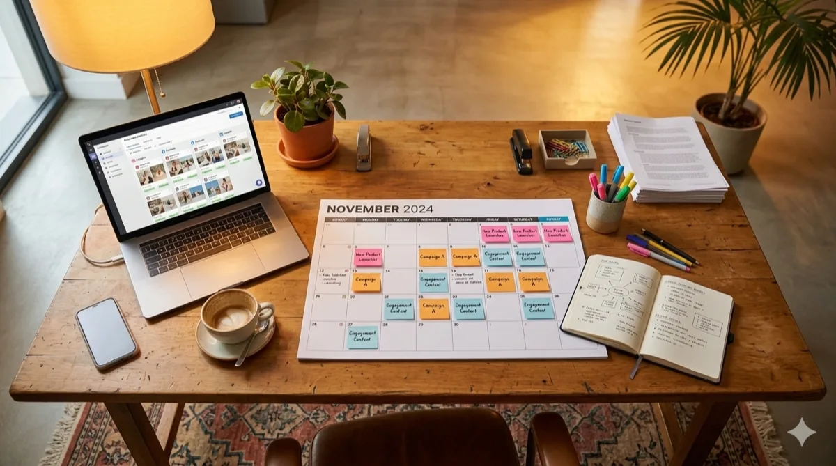 Calendario editoriale social media con post-it colorati e laptop