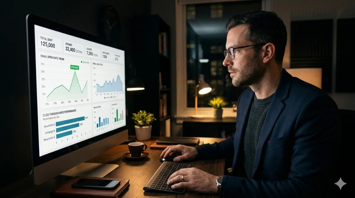 Marketing professional reviewing email campaign analytics on a large monitor