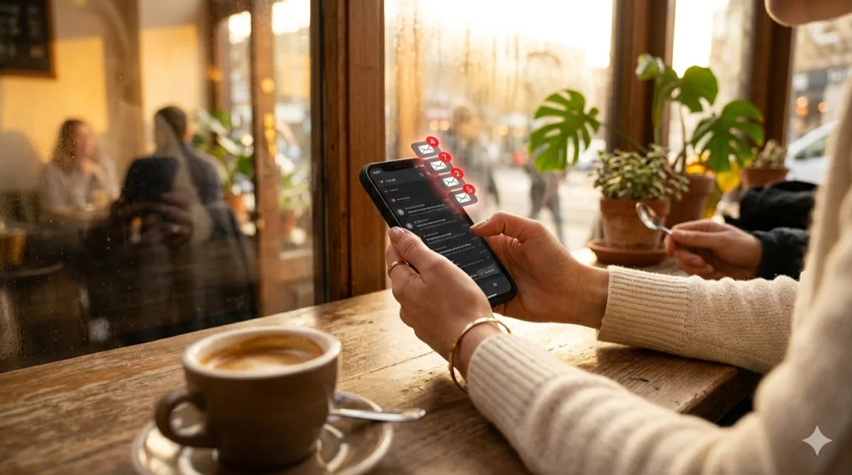 Laptop screen showing an email newsletter being composed with espresso cup on desk