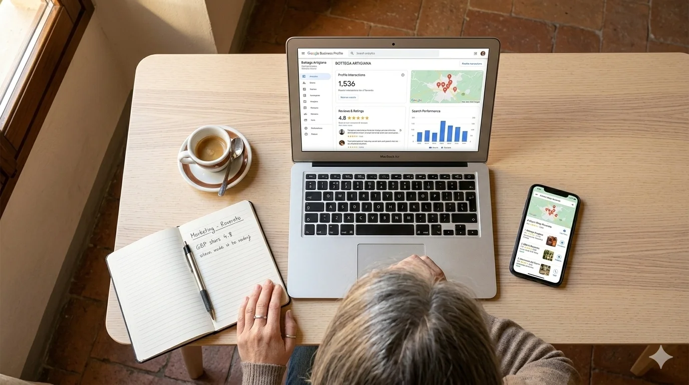 Small business owner analysing Google Business Profile and local SEO statistics on laptop